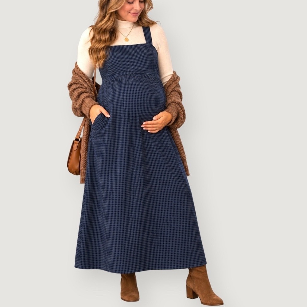 Motherhood Maternity Navy Blue Gingham Plaid Maxi Jumper Dress Size M Sleeveless